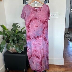 Misslook Tie Dye Maxi Dress Sz S Short Sleeves V neck Side Deep Slits Red Blue